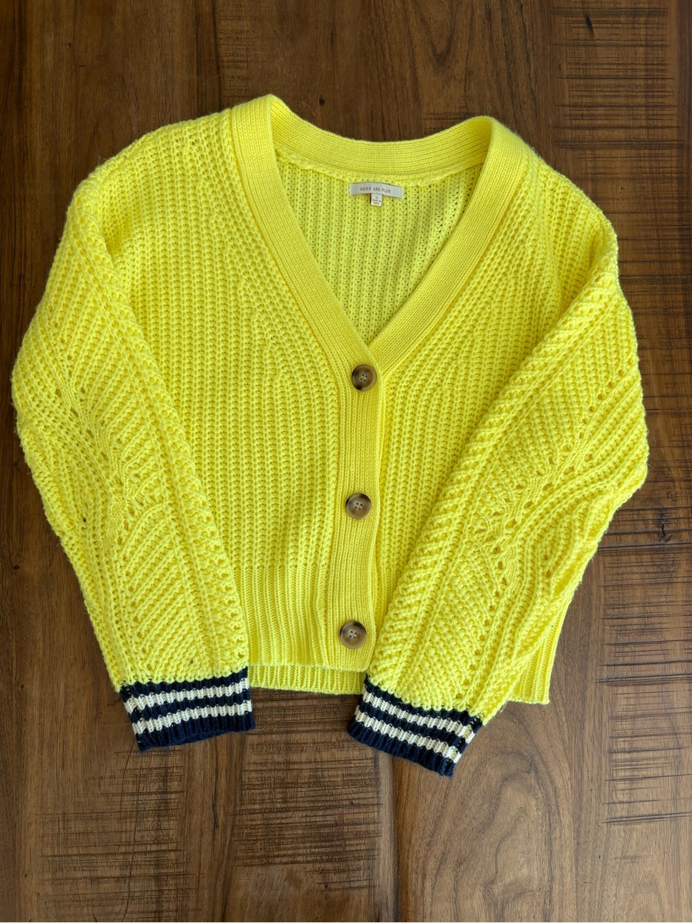 Skies Are Blue Bright Yellow V-Neck Button Cardigan Sweater w Sleeve Stripes